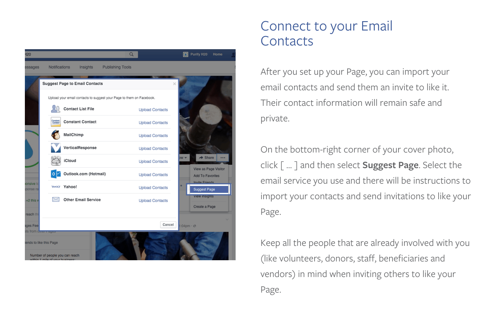 Facebook for Nonprofits connect to email contacts