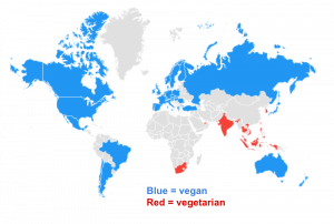 Google Trends geographical interest in vegan vs vegetarian