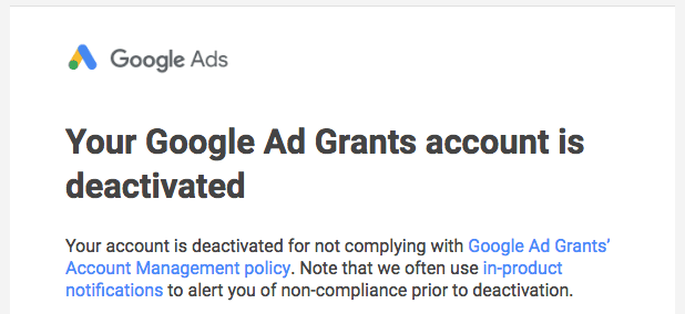 Google Grant Deactivated