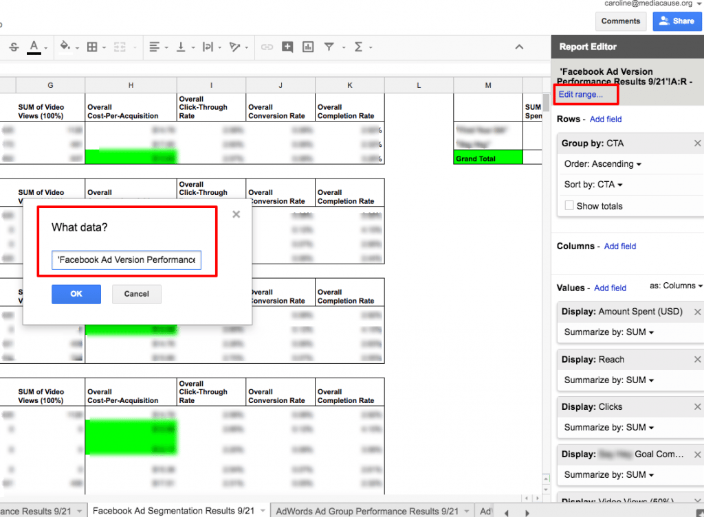 selecting data set in excel